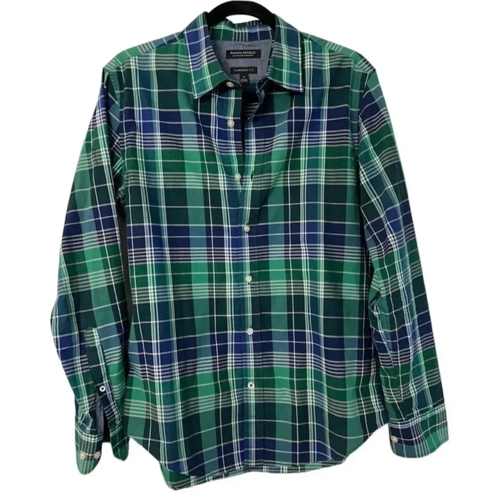 Banana Republic Custom 078 Wash Shirt Camden Fit Green Plaid Men's Size Small